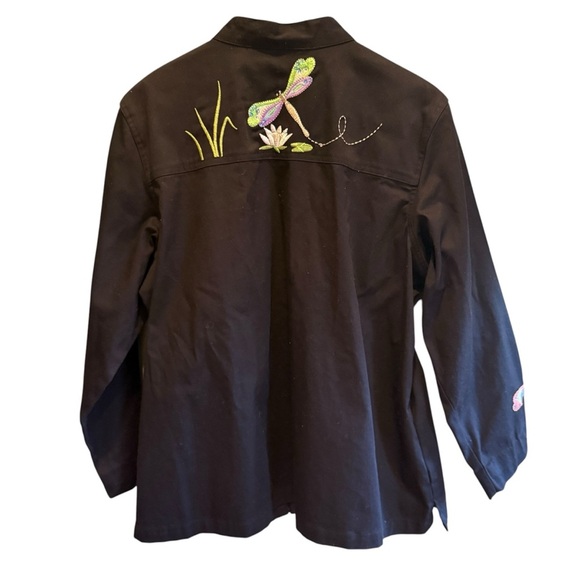 Quacker Factory XL Dragonfly Embroidered Jacket Black Zip Front Cotton Stretch - Picture 9 of 14